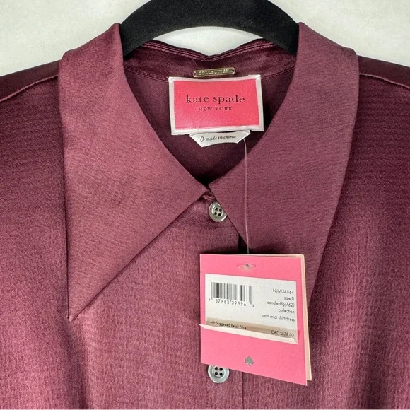 KATE SPADE COLLECTION Satin Midi Shirtdress in Candied Fig - NJMUA864 - Sz 0 - Picture 6 of 12